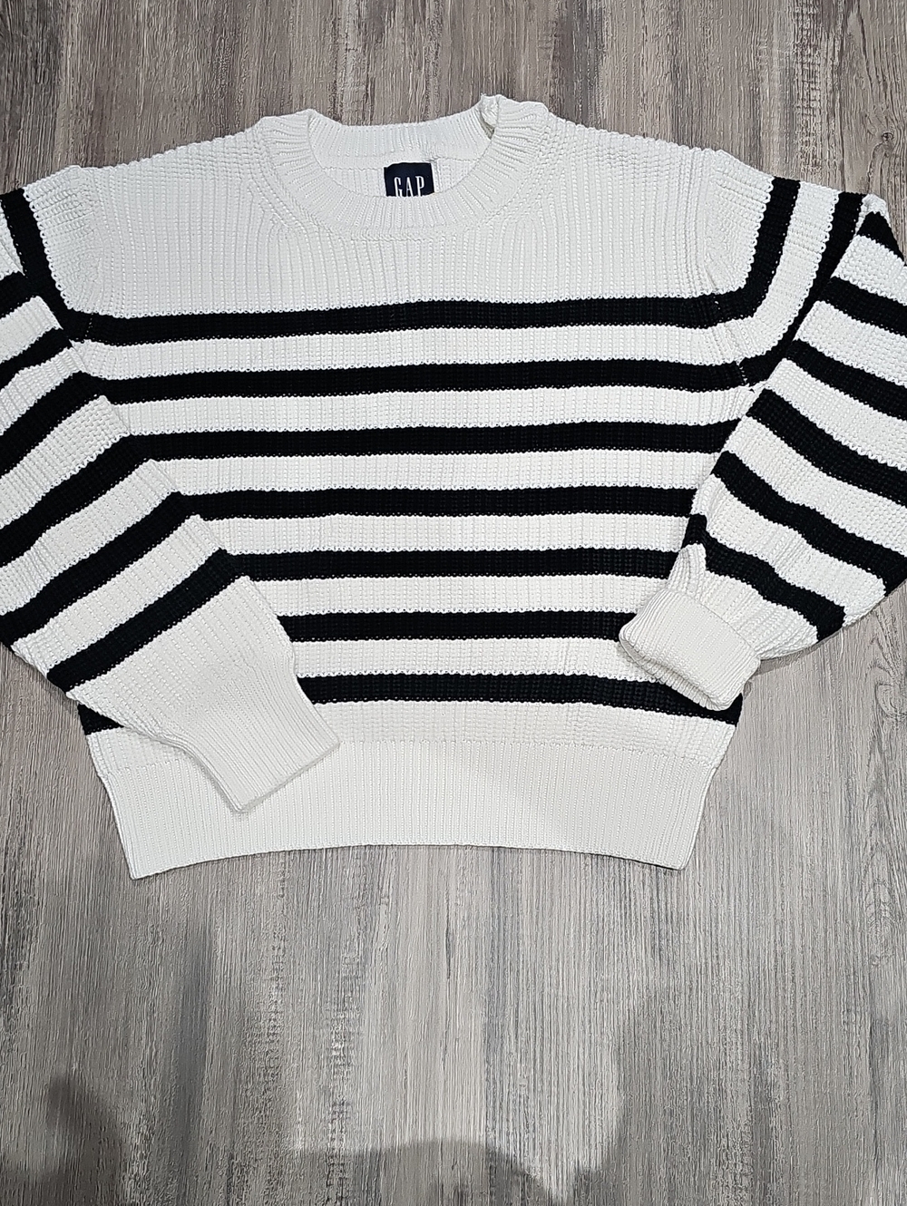 GAP Black and White Striped Crewneck Sweater